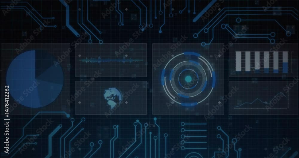 Poster concentric circular hud panel glowing in high-tech dashboard, panels displaying charts and circuits