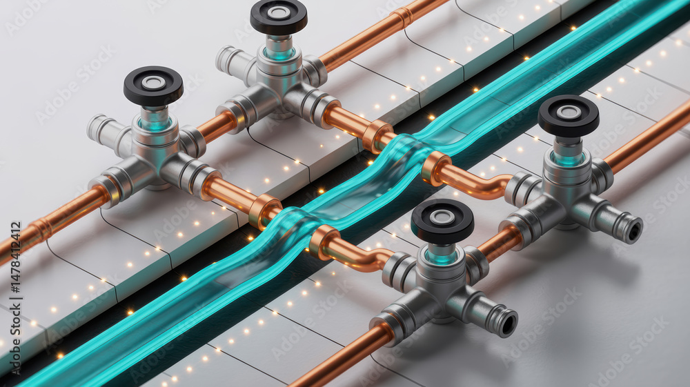 Poster hydraulic mechanism with copper pipes and valves controls fluid flow in industrial system with preci