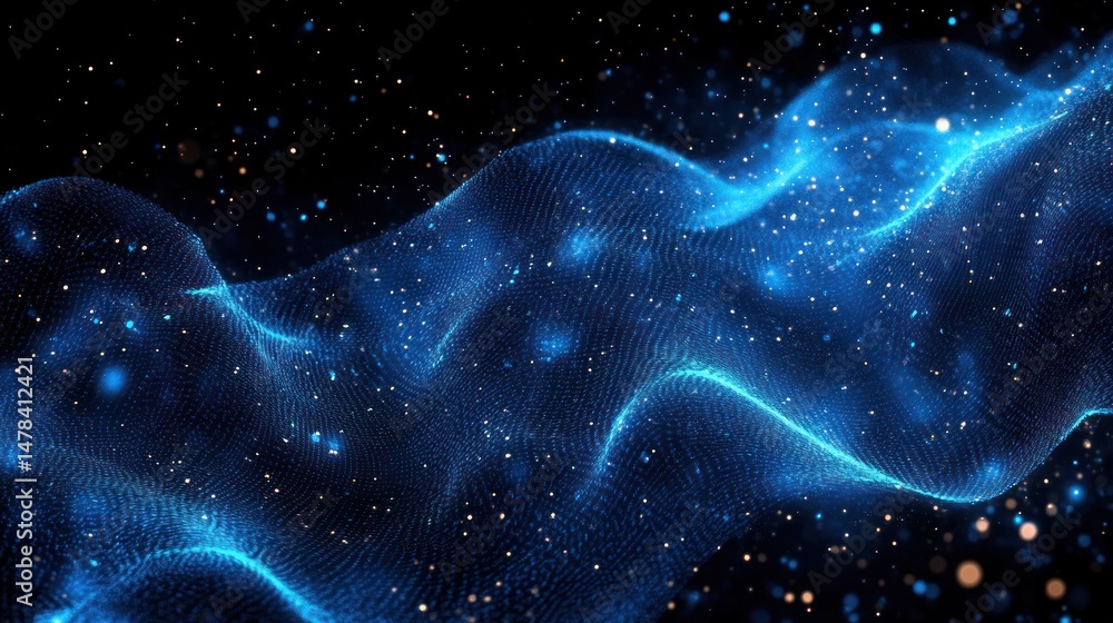 Fototapete abstract glowing blue wave mesh with particles floating in dark space, creating a futuristic and dyn