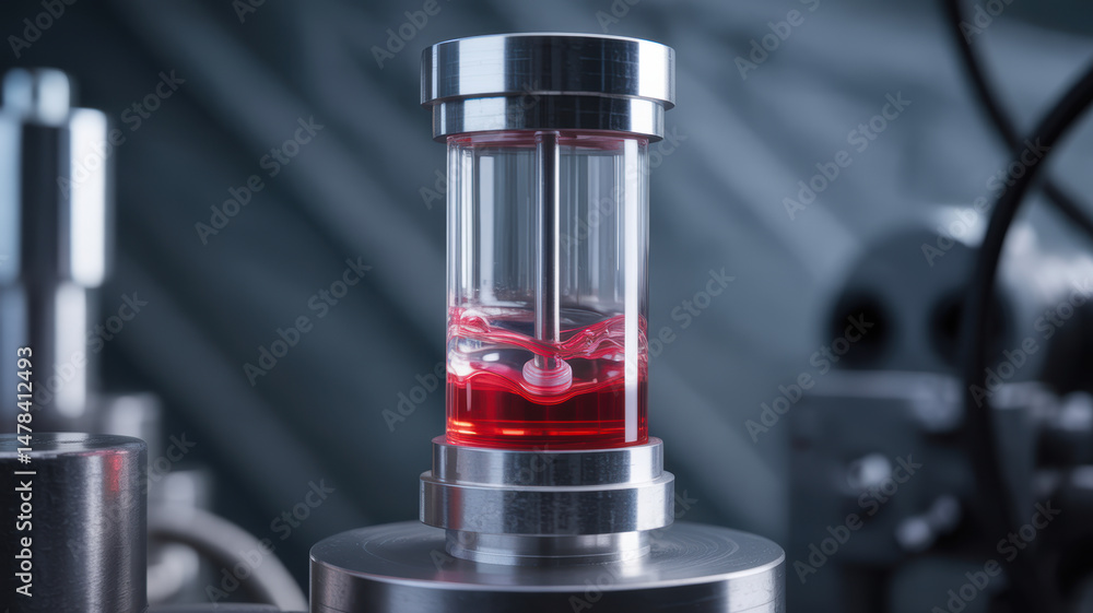 Poster hydraulic mechanism with red fluid inside transparent cylindrical container used in industrial machi