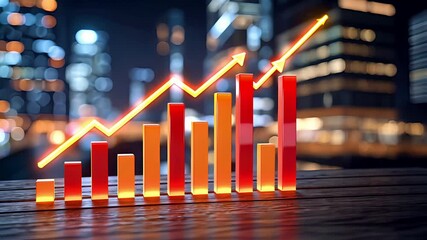 Rising Bar Graph in Financial District at Night 3D Illustration - Powered by Adobe