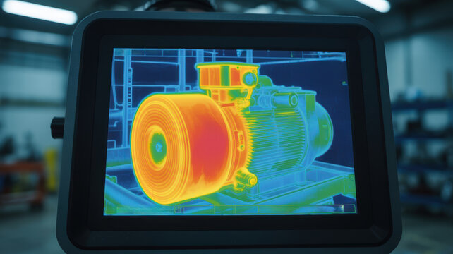 Thermal imaging of hydraulic mechanism motor reveals heat distribution for maintenance and safety in industrial environment