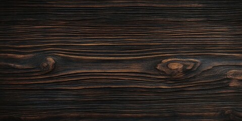 Close-up view of dark brown burned wooden surface with textured natural grain patterns and knots