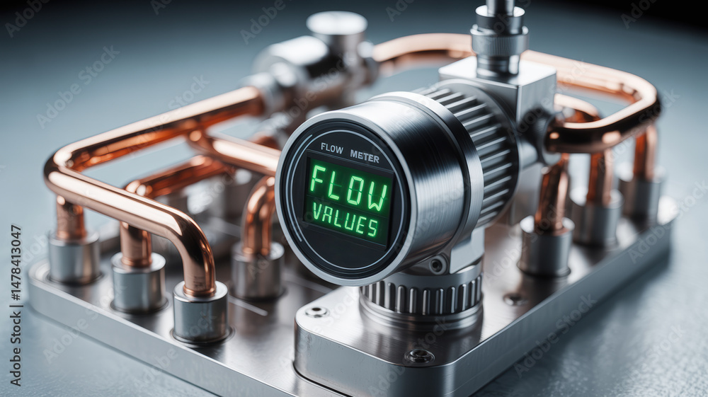 Poster hydraulic flow meter mechanism with copper pipes and metal components measuring fluid flow values in