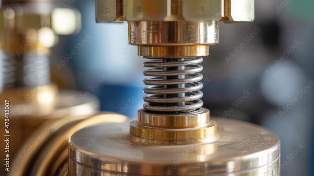 Poster hydraulic mechanism with metal spring and brass components close up view showing industrial precisio