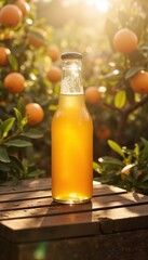 Refreshing orange juice sparkles within a glass bottle, bathed in warm sunlight amidst lush citrus trees.