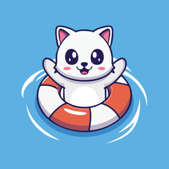 Cute cartoon cat floating in a pool with a life ring
