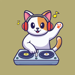 Cute DJ Cat with Headphones Playing Music on Turntable