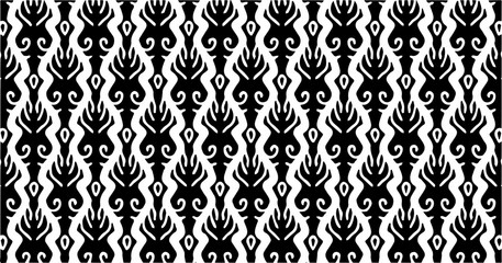 A high-quality seamless vector pattern inspired by traditional ethnic motifs, featuring symmetrical and ornamental black shapes on a white background. Perfect for textile, packaging, wallpaper
