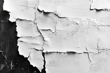 Obraz premium Close-up of a weathered wall with peeling white paint revealing dark surface underneath, showing texture and decay