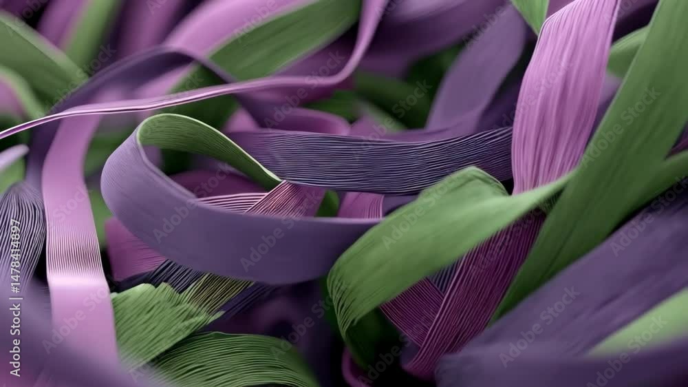 Poster abstract close-up of intertwined textured ribbons in green and purple hues forming a colorful and dy