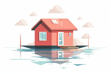 Flat illustration of a floating house concept reflected in water, simple clouds against a clean white backdrop.