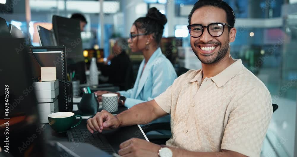 Aufkleber Computer, face and smile of developer man at desk in office as graphic designer for software development. Business, coding and web design with happy engineer or programmer at work for virtual update