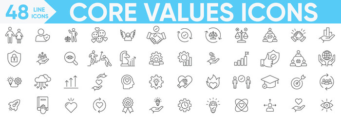 Core values icon set.passion, love, motivation, integrity, customers, empathy, goal, authenticity, autonomy, balance, mission, responsibility, performance and more.Vector and illustrator set.