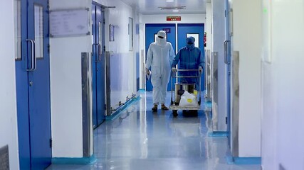 Pharmaceutical Factory Hallway with Workers – Clean Industrial Corridor in Modern Medicine Production Facility, Sterile Environment, Hygienic Walls, and Staff in Protective Clothing - Powered by Adobe