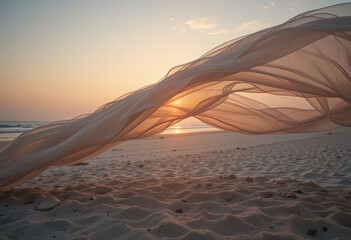 Flowing translucent fabric above sandy beach at sunset with warm sunlight and ocean backdrop, expressing freedom, serenity, and natural elegance in coastal setting

