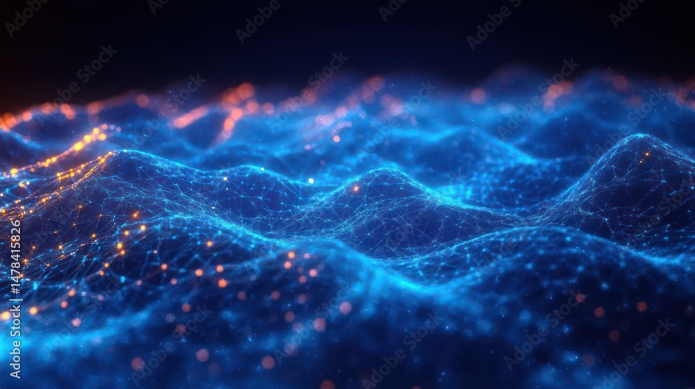 Fototapete abstract digital landscape with interconnected blue glowing grid lines and orange light particles cr