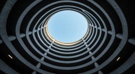  Architectural Ascent: Spiral Garage, Skyward View - Abstract Concrete Design, Urban Architecture, Parking Structure, Modern Art Photography