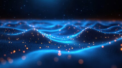 Obraz premium Abstract blue wave landscape with glowing orange particles scattered throughout under a starry dark sky, evoking a futuristic and serene digital environment