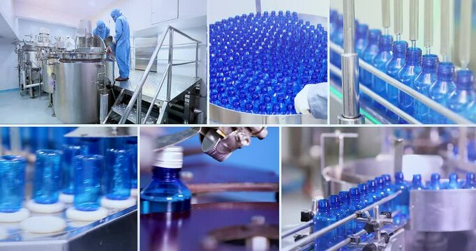 Pharmaceutical liquid filling bottling line in factory. sanitizer, soap, detergent, hand wash, gel production process. plastic bottles, manufacturing machinery, pharmaceutical chemical plant
