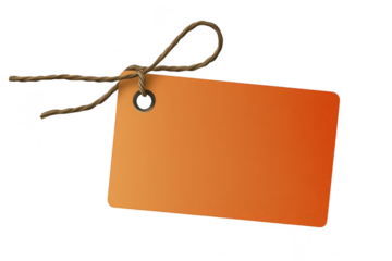 Horizontal orange price tag with brown string and metal eyelet for sales or gift labeling isolated on a transparent background