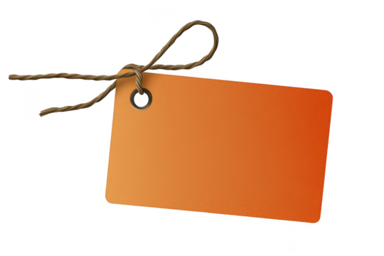 Horizontal orange price tag with brown string and metal eyelet for sales or gift labeling isolated on a transparent background