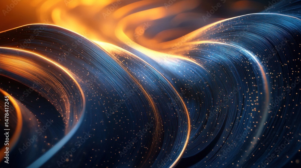 Aufkleber close-up of smooth, flowing blue curved lines with glowing orange light and small sparkling particle