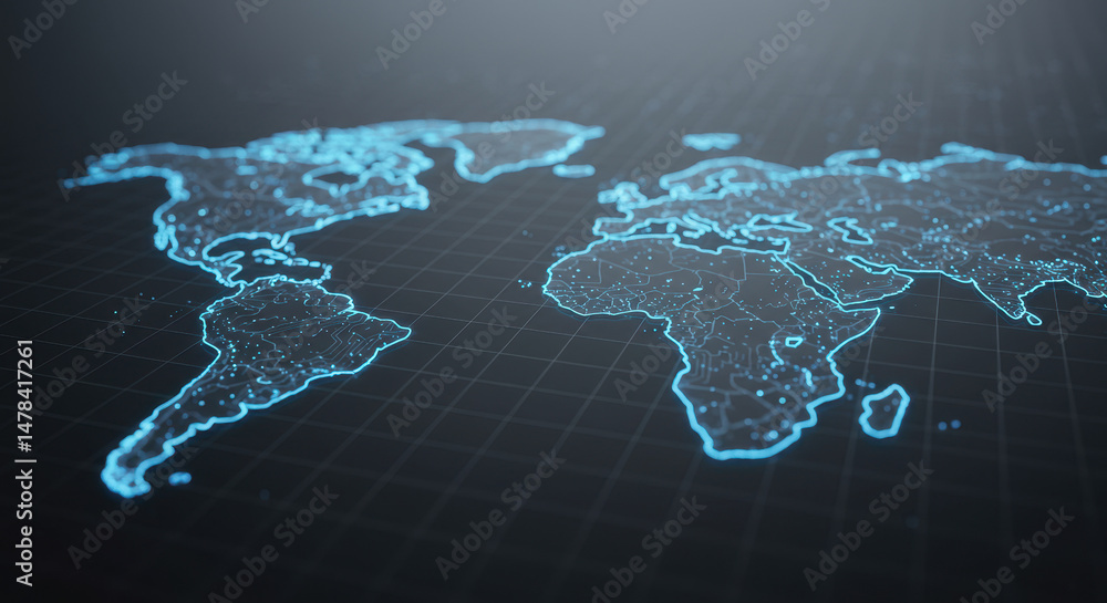 Poster global network: digital world map in glowing blue - connectivity, data, tech, and innovation visuali
