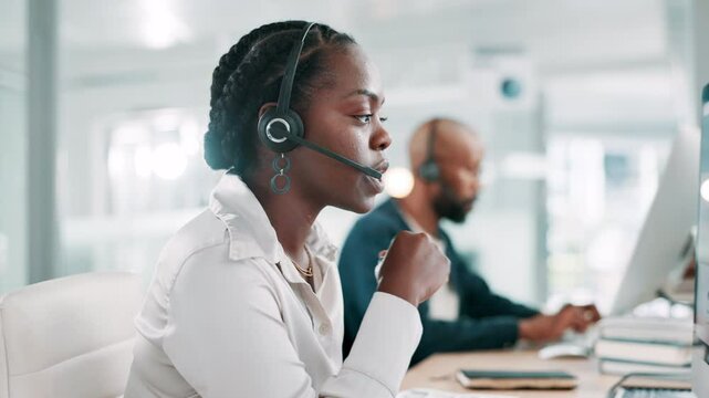 Computer, helpdesk and support with black woman in call center for assistance or feedback. Contact us, conversation and customer service with agency employee in workplace as virtual assistant