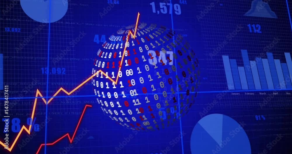 Poster binary globe spinning over grid, displaying red-orange line graphs and chart elements