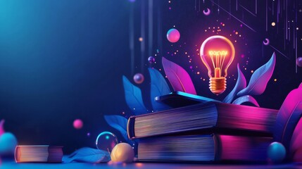 Educational concept: cap and light bulb on books, futuristic icons of learning and innovation in classroom setting generative ai