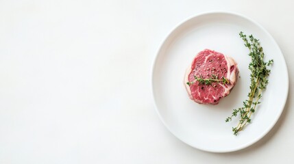 Fresh Raw Meat Cut with Herbs on White Plate for Culinary Presentation