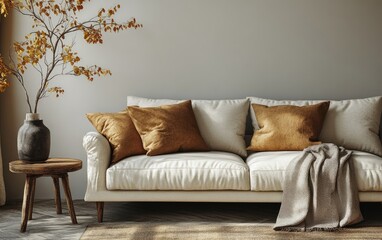 Neutral colored living room interior with autumnal accents.