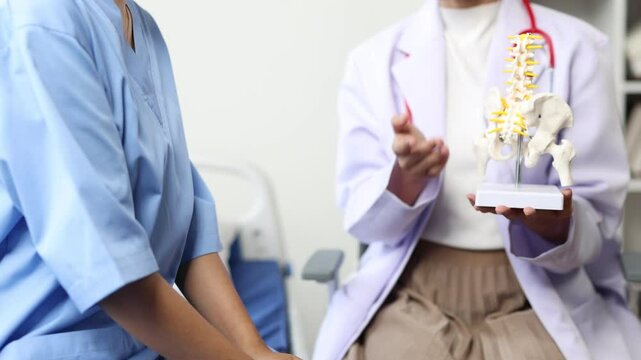 Professional female healthcare provider presenting detailed spinal and pelvic anatomical model while explaining intricate human skeletal structure during comprehensive medical consultation.