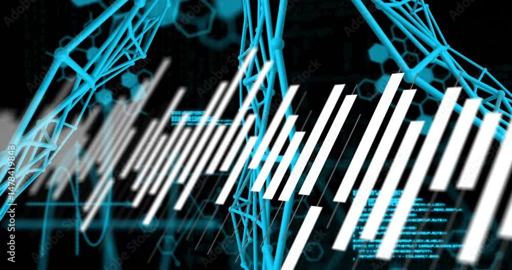 Poster turquoise 3d wireframe mesh being visualized in data display, showing white bars and teal hexagons