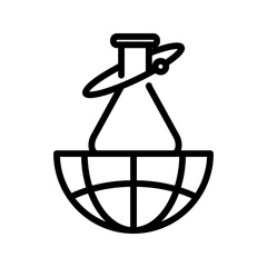 Erlenmeyer flask placed on the global. Concept of Science technology. Outline style. Vector. Isolate on white background.