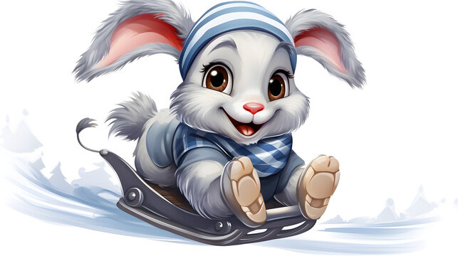 Cute winter-themed cartoon illustration of a grey bunny sledding in the snow