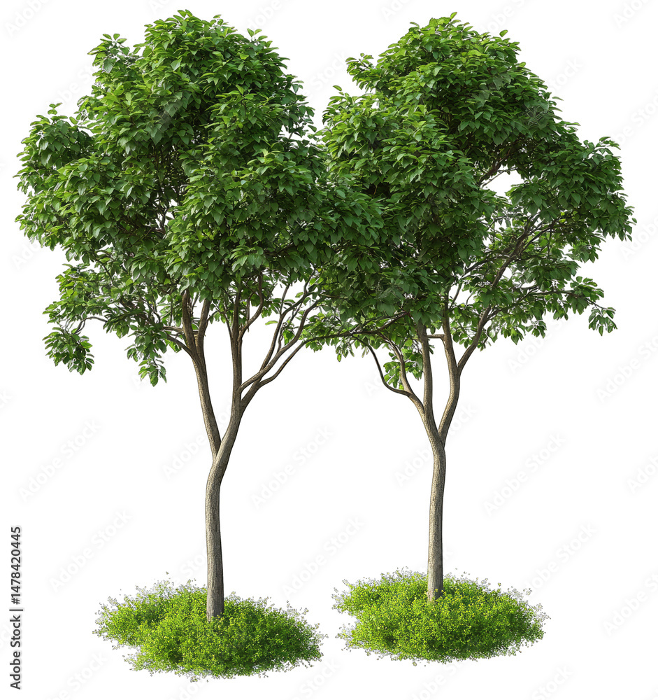 Poster two lush green trees with a transparent background the trees have thick green leaves and slender tru