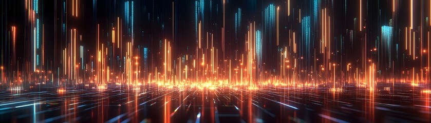 Futuristic cityscape of glowing vertical structures.