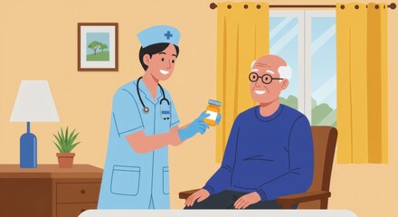 Nurse Giving Medication to Senior Man in Assisted Living Setting