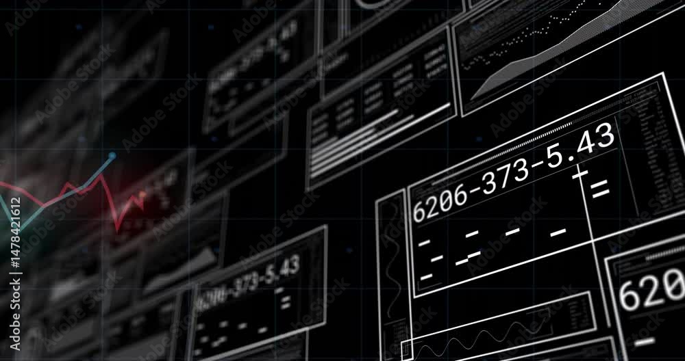 Poster semi-transparent interface panels showing data over dark grid with red blue line graphs moving