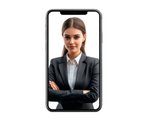 Professional woman in business attire poses confidently for a virtual meeting on a smartphone screen isolated on transparent background