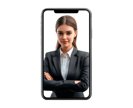 Professional woman in business attire poses confidently for a virtual meeting on a smartphone screen isolated on transparent background