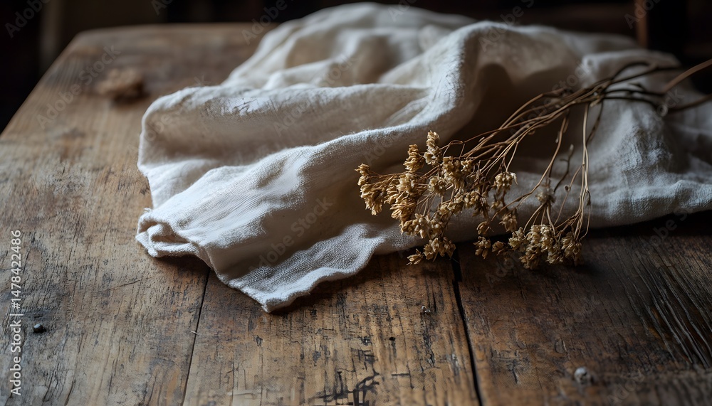 Poster simple rustic table setting with linen cloth and dried flowers.