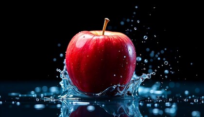 A vibrant red apple creates a dynamic splash in water against a dark background a captivating display of freshness and energy perfect for food blogs websites and advertising