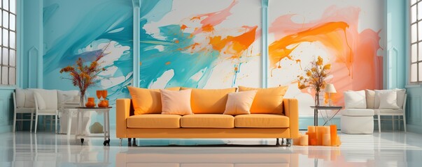 Modern Living Room Interior Design with Abstract Wall Art and Orange Couch
