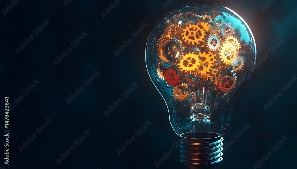 Poster transparent lightbulb filled with intricate gears representing innovation.