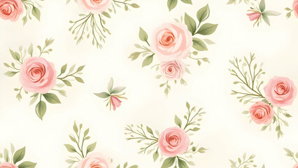 "A Delicate Seamless Pattern of Soft Peach Roses and Green Leaves on a Creamy White Background"