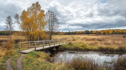 A picturesque autumn landscape with a wooden bridge over a creek