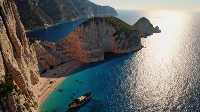 Aerial Forward Motion Over Navagio Beach Shipwreck at Sunset